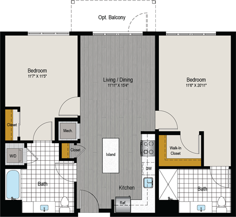 Floor plan for 2 beds, 2 baths, 1015 sqft